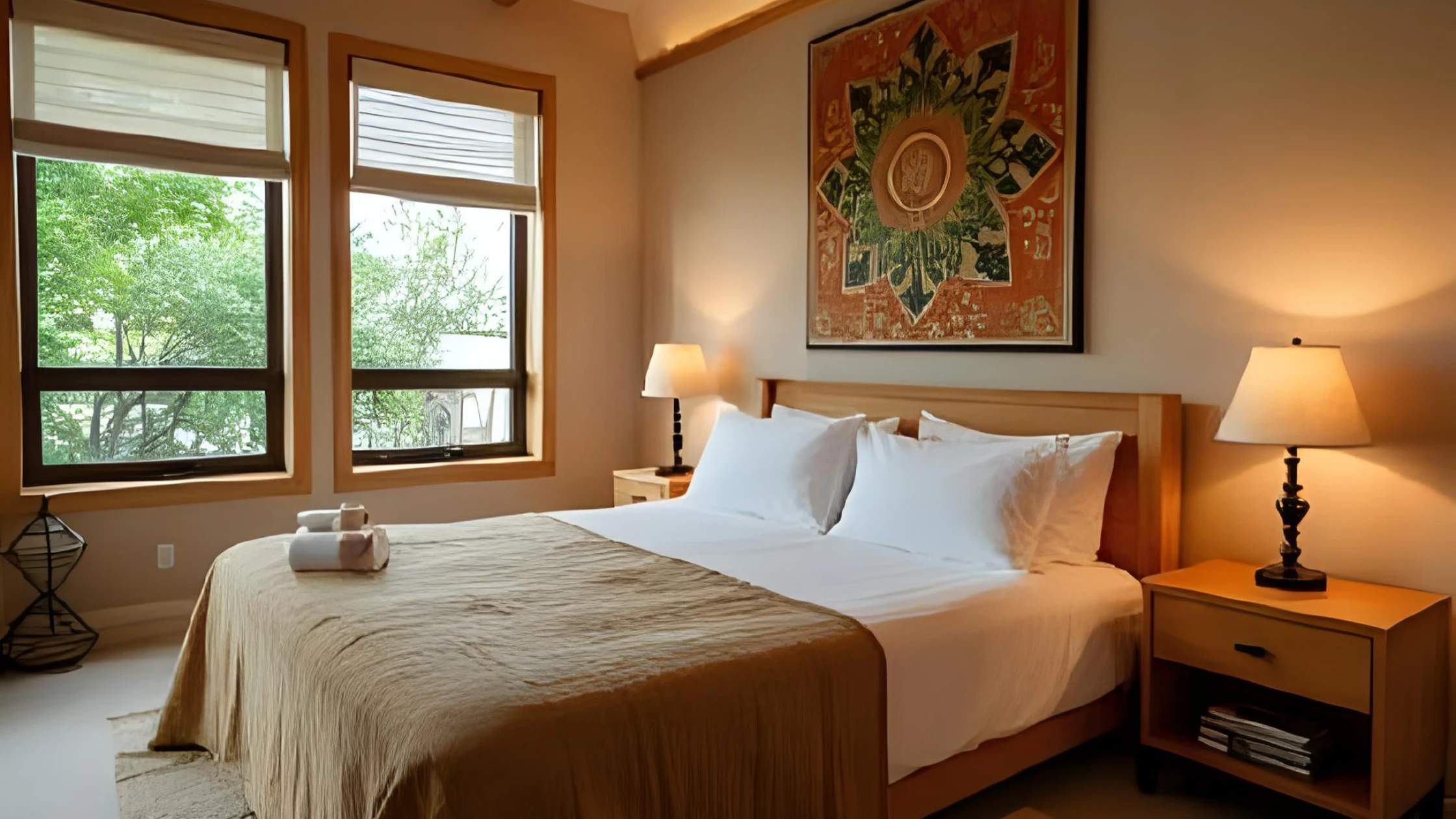 A serene and well-lit bedroom with a large, neatly made bed, two windows with blinds, and bedside lamps, reflecting a harmonious space optimized for blissful sleep through Vastu principles.