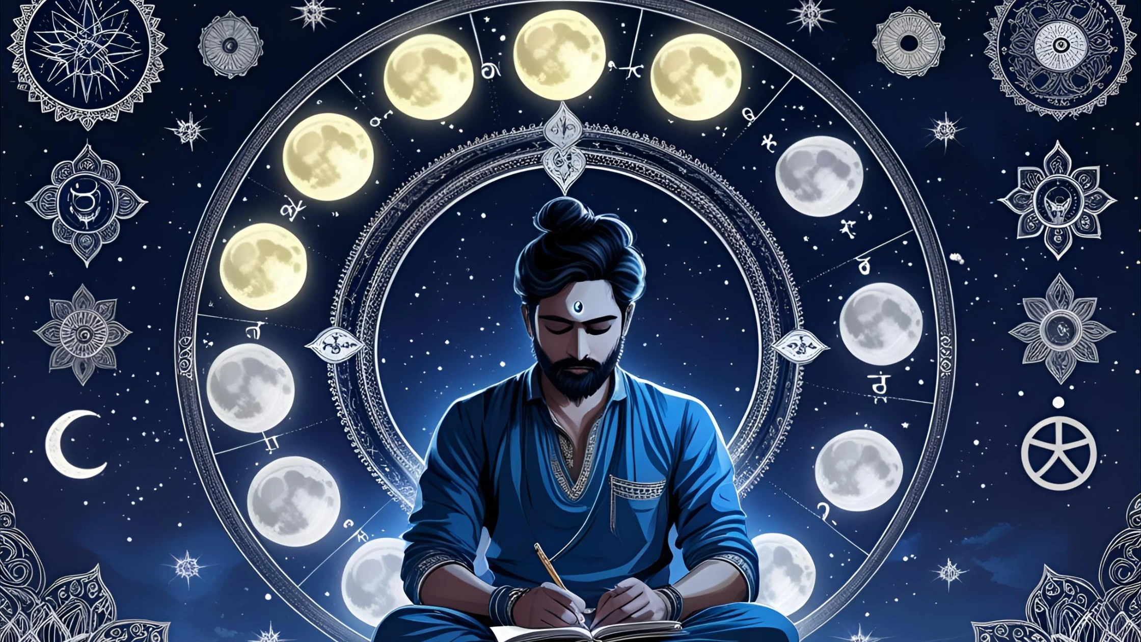 A person is journaling or writing, surrounded by glowing depictions of the moon's phases, astrological symbols, and cosmic elements, illustrating lunar manifestation.