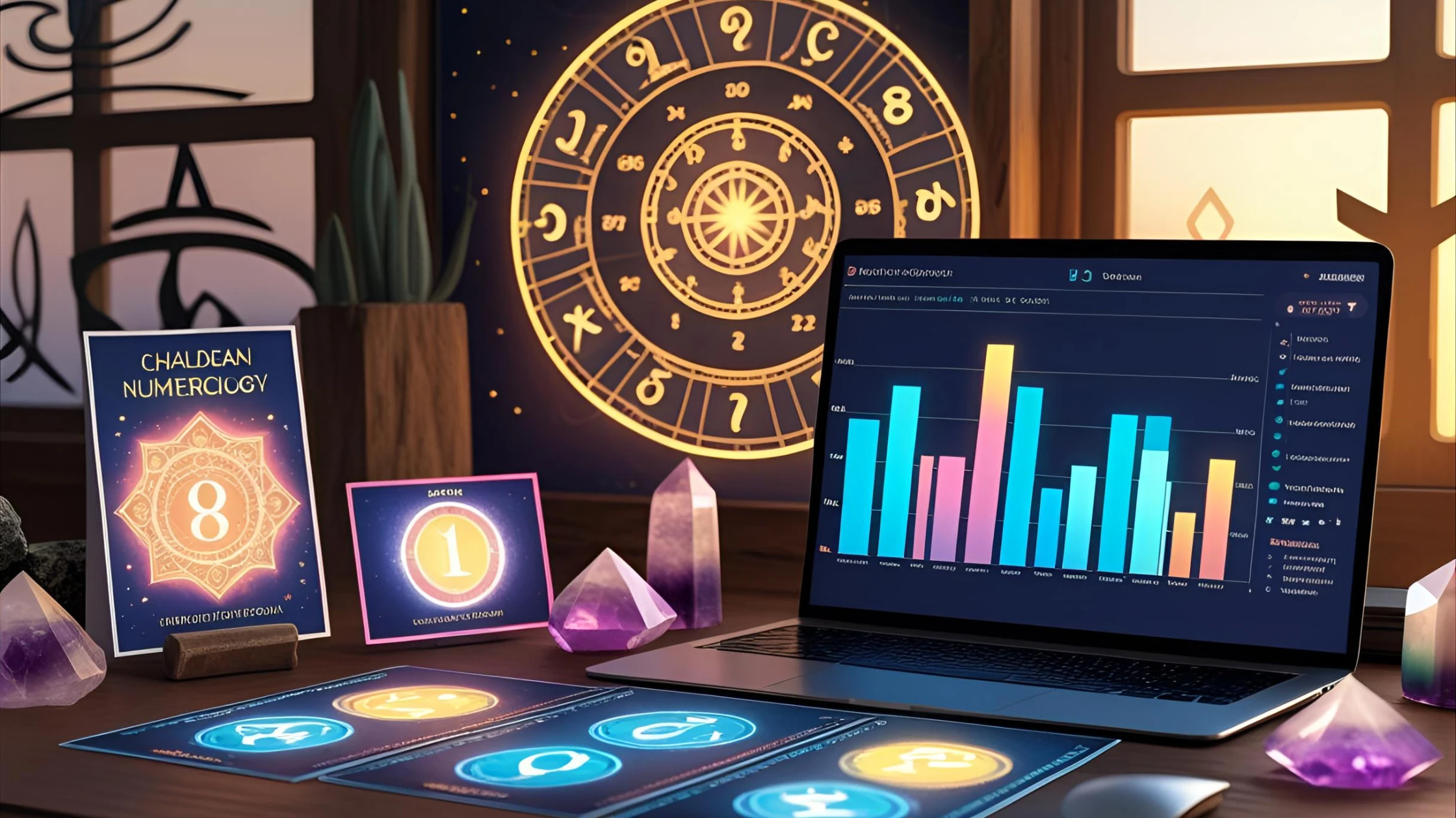 A desk setup with a laptop showing a business analytics chart, alongside Chaldean numerology cards, crystals, and a glowing zodiac wheel, symbolizing numerology for business success.