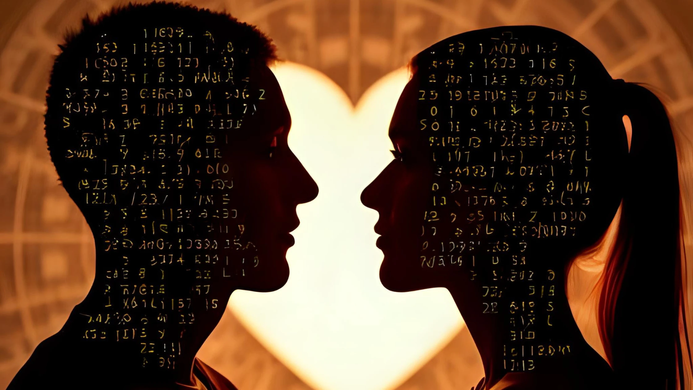 Silhouetted profiles of a man and woman facing each other, filled with glowing numbers and code, with a subtle heart shape between them, symbolizing numerology compatibility for romantic relationships.