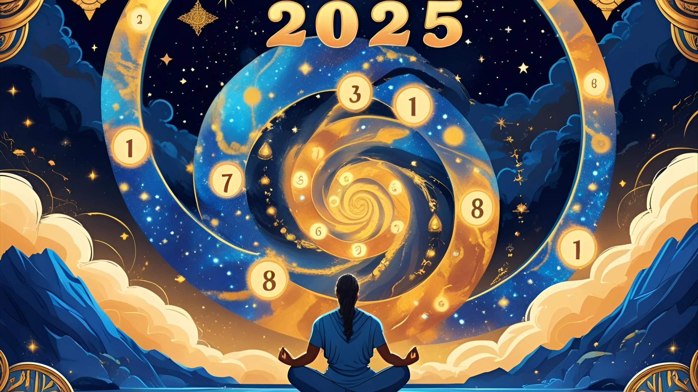 A person meditating in a lotus pose at the center of a swirling cosmic vortex with glowing numbers (1, 3, 7, 8) and the year '2025', symbolizing personal year numerology and transformation.