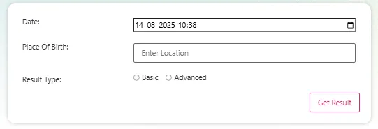 The input form for the free online kundli generator requires the date and place of birth to create a Vedic chart.