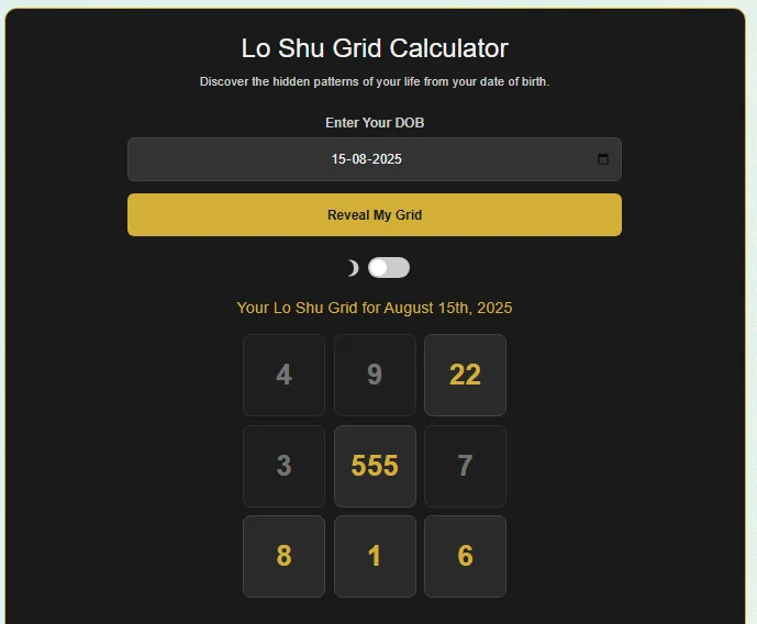 The user interface of the online Lo Shu Grid Calculator showing the date of birth input and the resulting numerology grid.