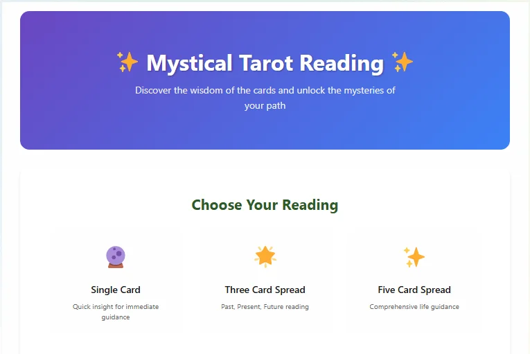 The user interface for Auuramantra's free tarot reading tool, showing options for a single, three, or five-card spread.