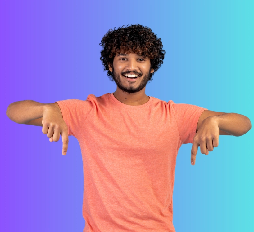 Friendly man pointing down to invite users to explore the insights offered by a professional numerology expert.