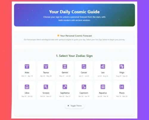 The user interface for the 'Your Daily Cosmic Guide' tool, where users can select their zodiac sign to receive their daily horoscope.