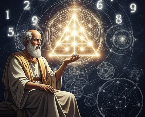 The philosopher Pythagoras, with glowing numerology symbols, represents the Pythagorean name numerology calculator.